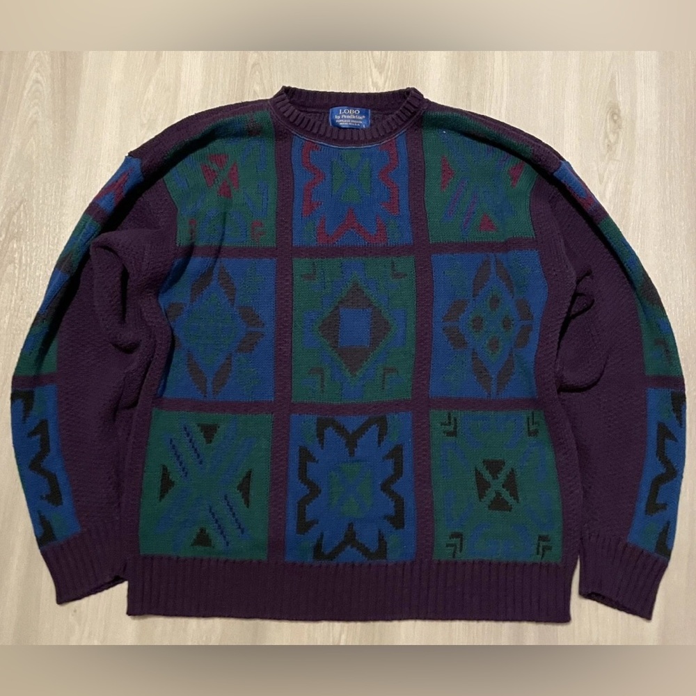 Vintage LOBO by Pendleton Purple And Blue Southwest Geometric Knit Sweater 
Sz L